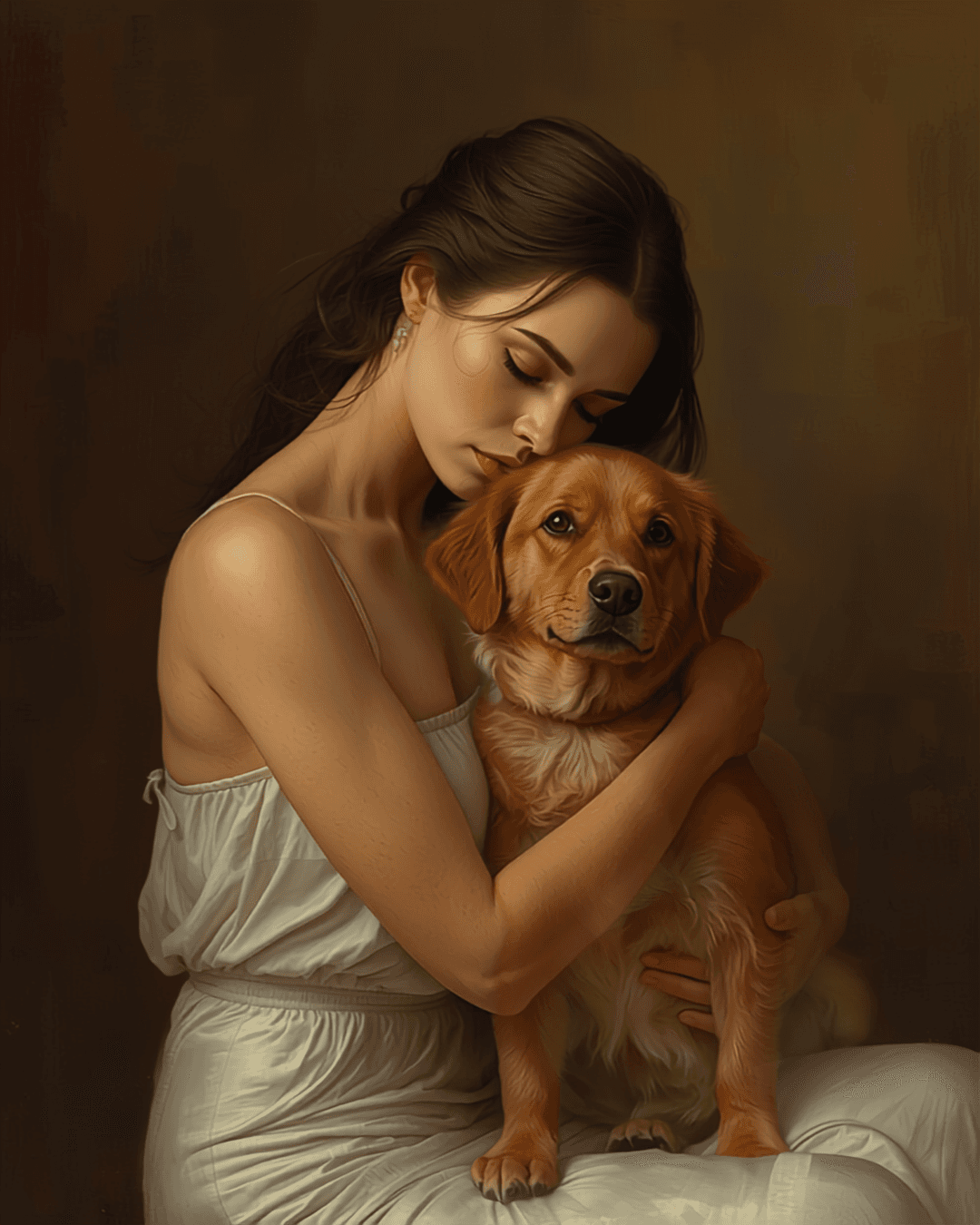 AI-crafted painterly pet portrait of a woman with her dog